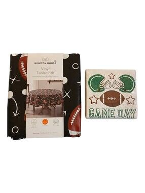 Kirkton House football vinyl tablecloth round 70 in. Game Day napkins set